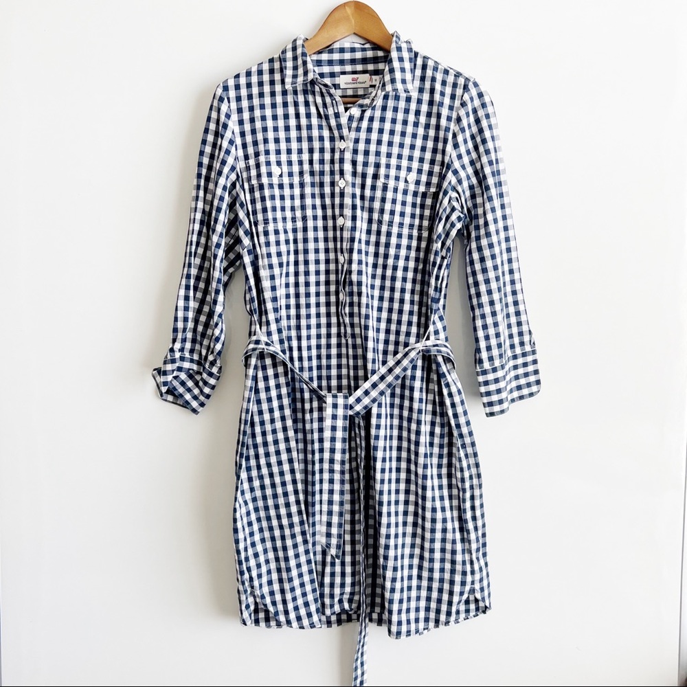 Vineyard Vines Checked Button Down Dress Size 13 In Navy Blue White Long Sleeve